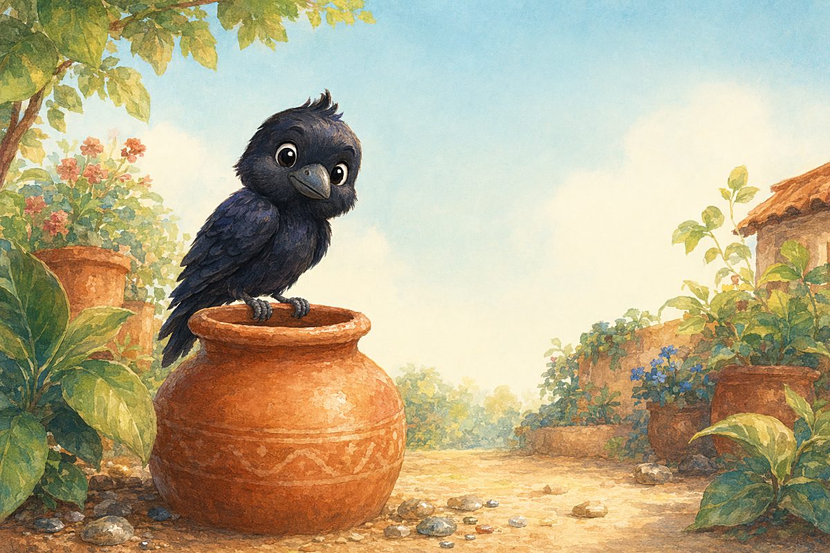 A thirsty crow beside a pot of water — a scene from Kahaani's read-along stories.